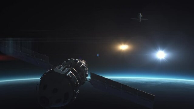 3D VFX graphics of space-based satellite attacking another satellite and launching nuclear warhead rocket in space in Earth orbit. Space threat of nuclear war. Deployment of nuclear weapons in cosmos.