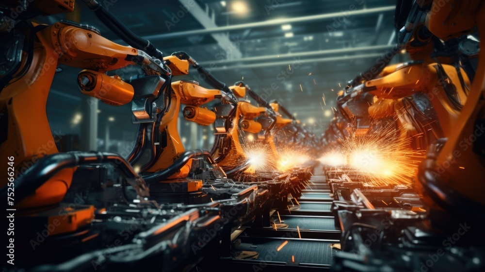 Poster a group of robots working on a metal piece. suitable for industrial concepts