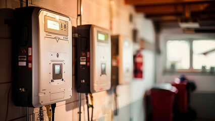 A close-up of energy meters on a wall indicating electricity usage within a building. - obrazy, fototapety, plakaty