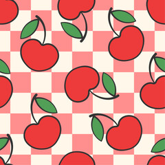 Cherry vector seamless pattern. Red berries with green leaves on checkered background. Best for textile, wallpapers, wrapping paper, package and kitchen design.