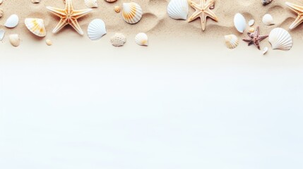 Seashells and starfish on sandy beach, perfect for summer themes