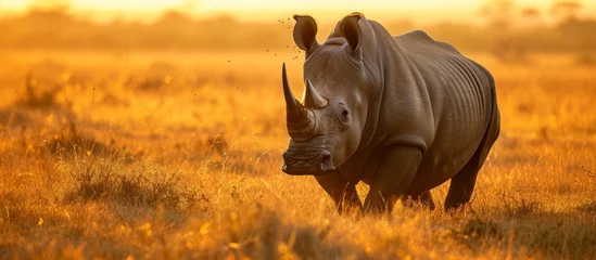 Poster Majestic rhino standing in lush grassy field under blue sky © TheWaterMeloonProjec