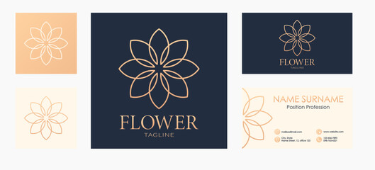 Fototapeta na wymiar Bronze line flower logotype. Set with business cards templates in indigo, beige and bronze colors. Best for logo creation and branding design.
