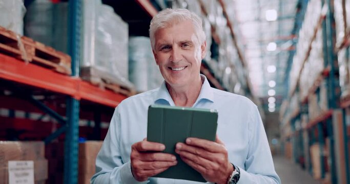 Tablet, logistics and senior man in warehouse checking information for order, stock or boxes. Smile, research and portrait of elderly male industry worker with digital technology in storage room.
