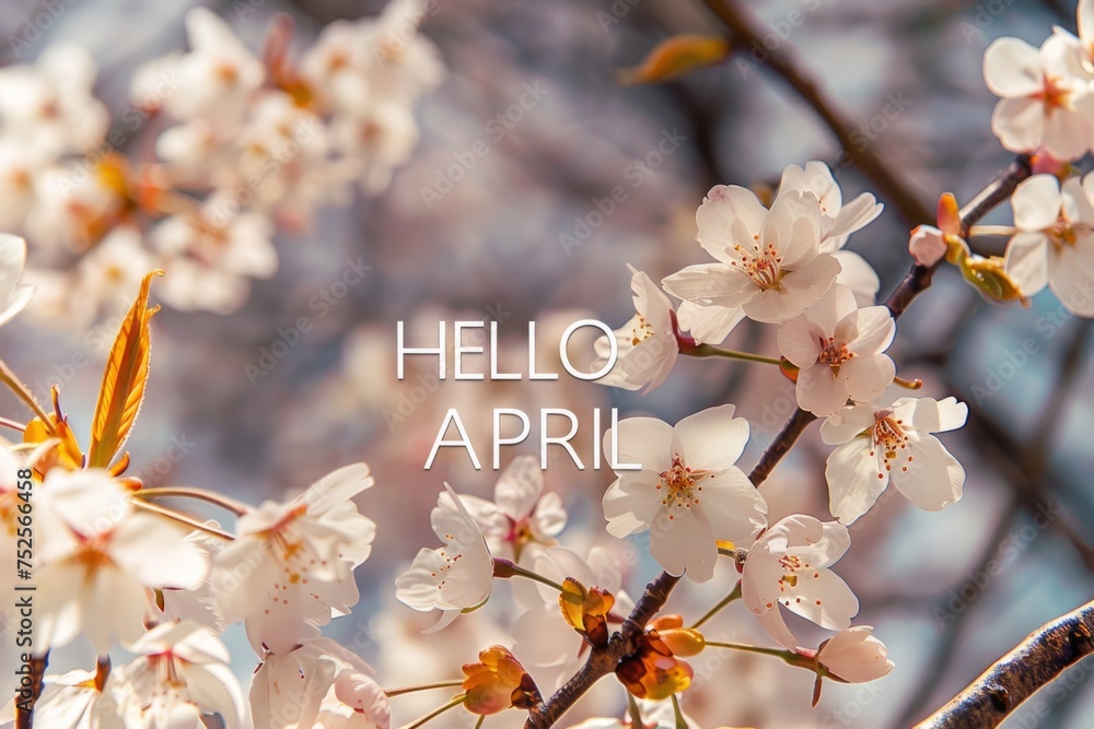 Poster a cherry tree with flowers and the message hello april generative ai