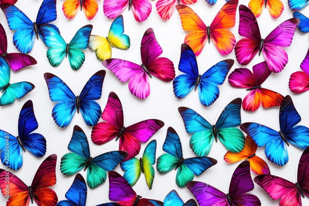 Poster a group of multicolored butterflies on a white background. perfect for nature or spring-themed desig