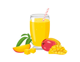 Mango smoothie in glass. Fresh healthy drink and tropical fruit. Vector cartoon illustratio