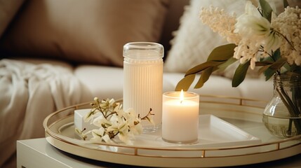 Obraz na płótnie Canvas A simple arrangement of a candle and flowers on a tray. Suitable for home decor projects