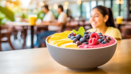 Früchte Porridge, Bowl, Cafe im Hintergrund 