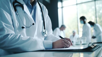 A doctor writing on a clipboard in front of a group of doctors. Suitable for medical concepts
