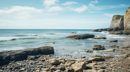 A scenic view of a rocky beach with water in the foreground. Suitable for travel and nature themed designs