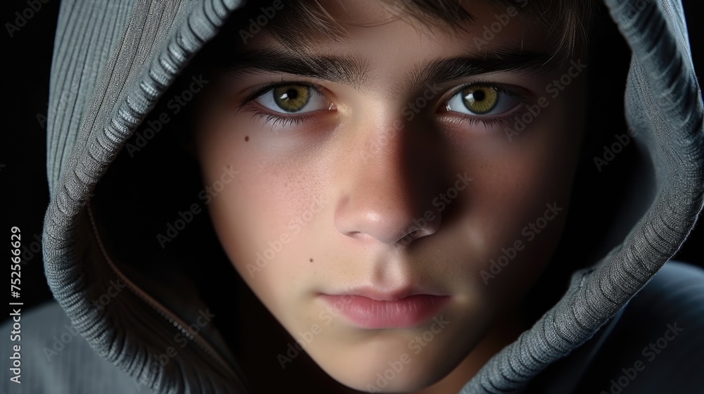 Poster close up image of a person wearing a hoodie, suitable for various concepts