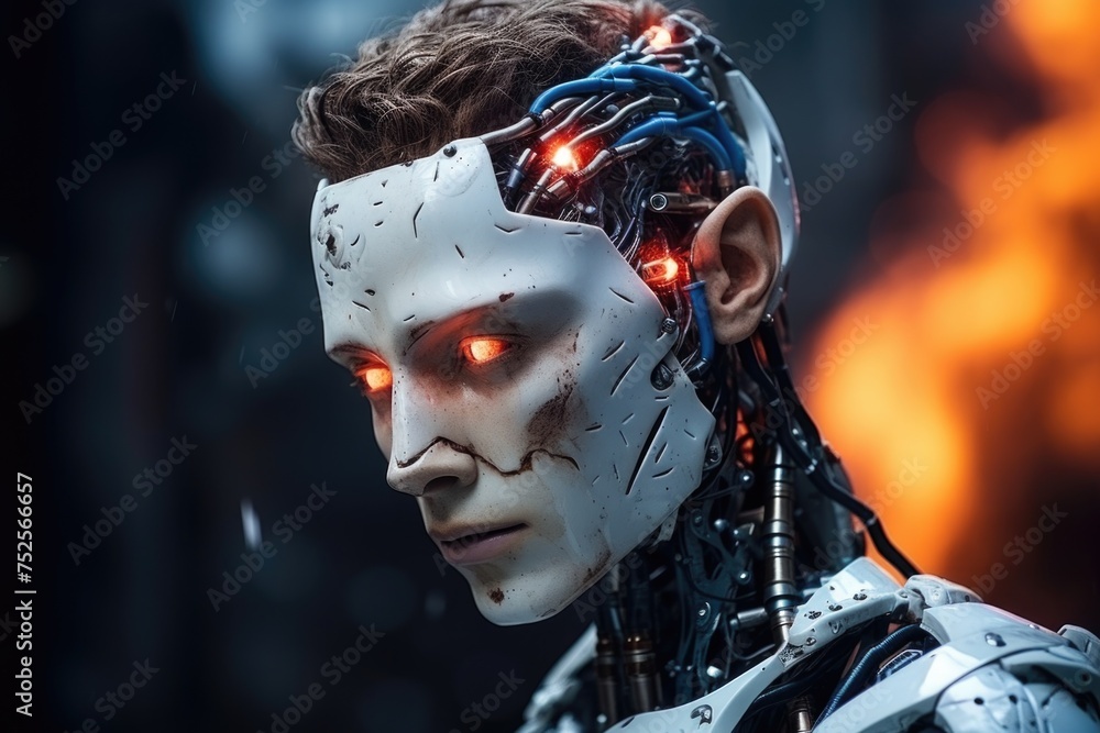 Poster detailed shot of a robot with glowing eyes, suitable for technology concepts