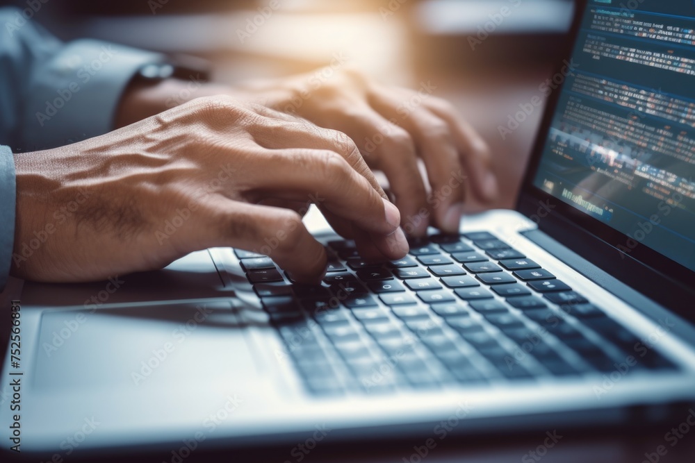 Aufkleber close-up image of a person typing on a laptop, suitable for technology concepts