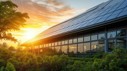 A building with solar panels, placed on a slope, against a sunset sky, creates an eco-friendly landscape. AIG41 - obrazy, fototapety, plakaty