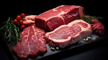 Fresh raw meat on wooden cutting board, perfect for food industry projects