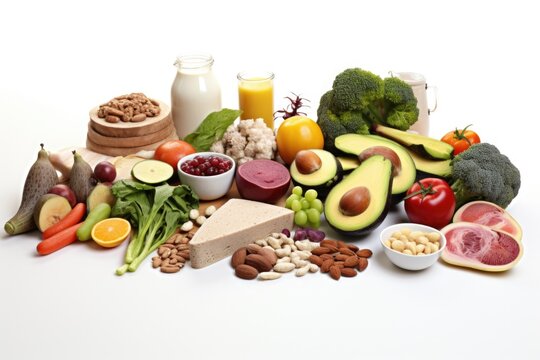 Image of a variety of fruits, vegetables, nuts, and milk. Suitable for healthy eating concepts