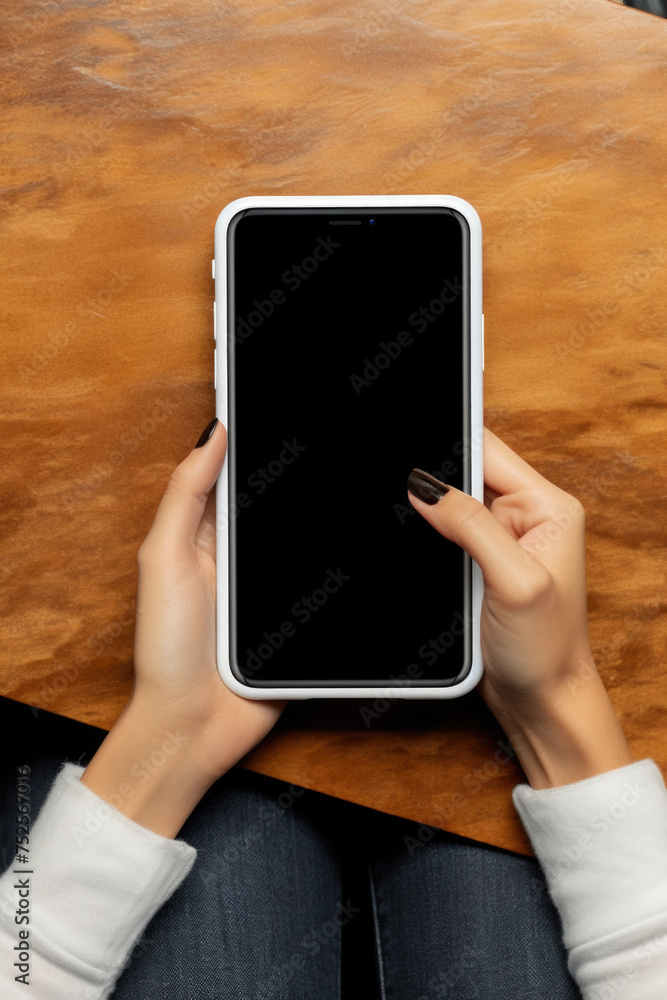 Poster a person holding a cell phone on top of a wooden table. suitable for technology and communication co
