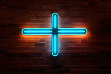 Neon blue cross on textured brick wall. Suitable for religious themes or urban art concepts