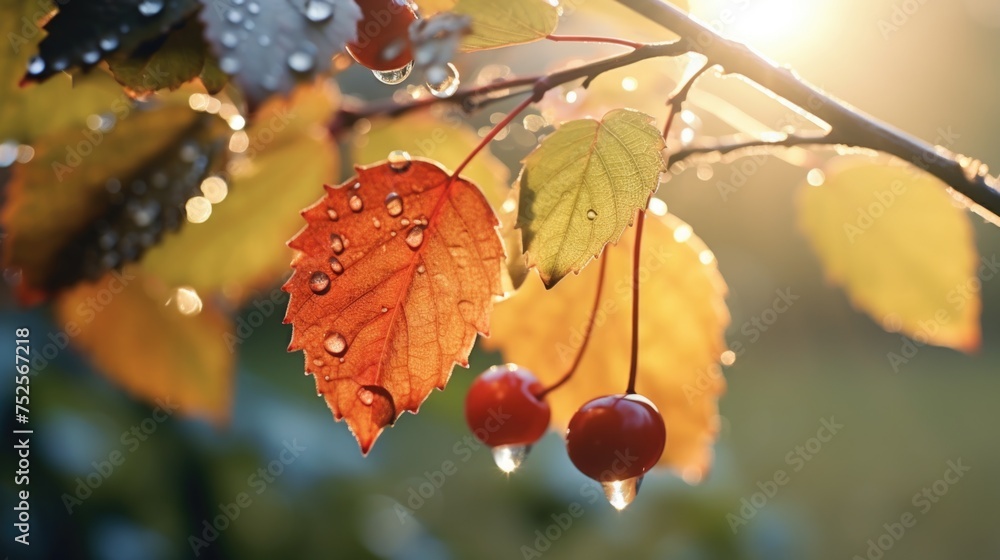 Poster close up of a tree branch with leaves and berries, suitable for nature themes