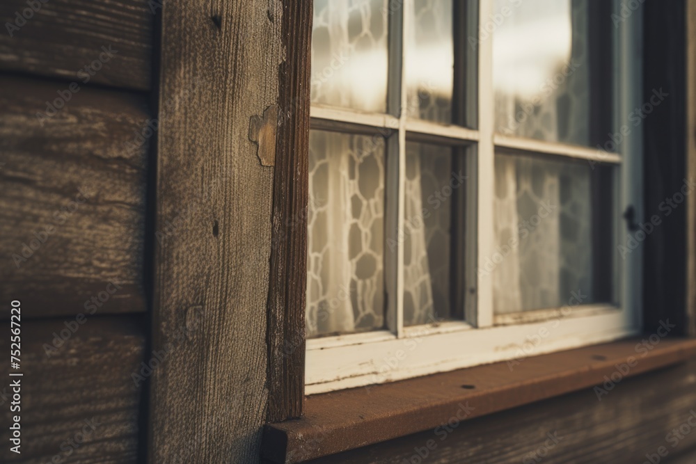 Poster a detailed view of a window on a wooden building. suitable for architectural and construction projec