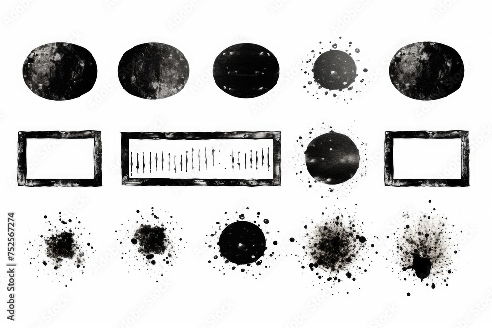 Poster collection of black and white ink splatters for design projects.