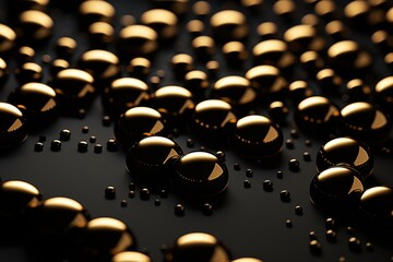 Array of black and gold spheres on a dark surface. Suitable for abstract backgrounds
