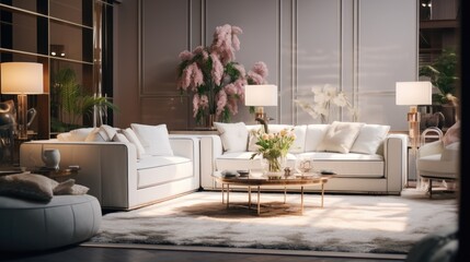 A welcoming living room with stylish furniture and beautiful flowers. Ideal for home decor and interior design projects