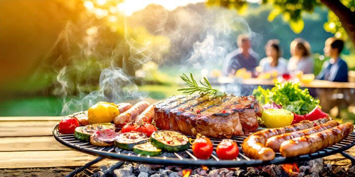 Grill im Vordergrund mit Freunden, Gartenparty im Hintergrund 