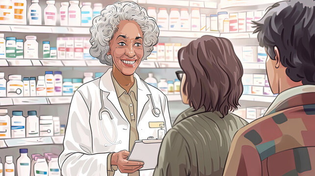 A friendly, experienced pharmacist is discussing medications with a couple in front of a well-stocked pharmacy shelf - Powered by Adobe