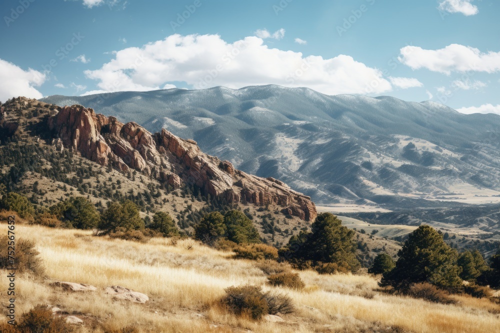 Poster Scenic view of mountain range with trees in foreground. Suitable for nature and landscape themes