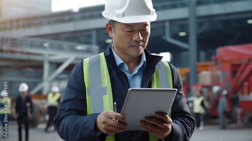 Poster a man in a hard hat using a tablet. suitable for construction and technology concepts