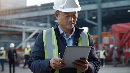 A man in a hard hat using a tablet. Suitable for construction and technology concepts