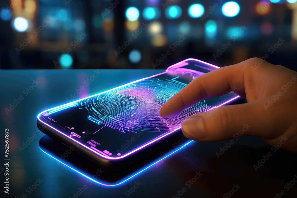 Aufkleber A person holding a smartphone with a visible fingerprint. Suitable for technology and security concepts