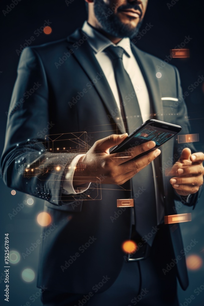 Aufkleber Businessman in formal attire using mobile device. Suitable for technology concepts