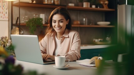 Woman sitting at a table with a laptop, suitable for business concepts