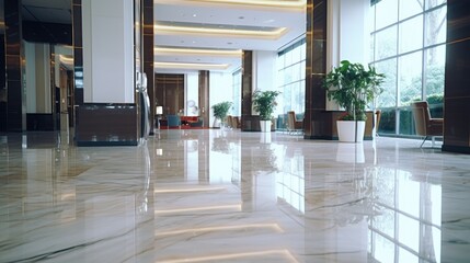 A luxurious hotel lobby with marble floor and large windows. Perfect for hospitality industry promotions