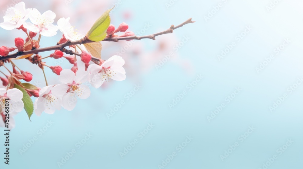 Poster close-up of cherry tree branch with white flowers, perfect for spring themes