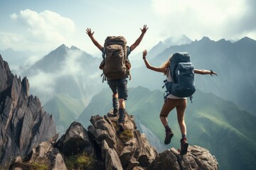 A couple of people standing on top of a mountain. Suitable for travel and adventure concepts