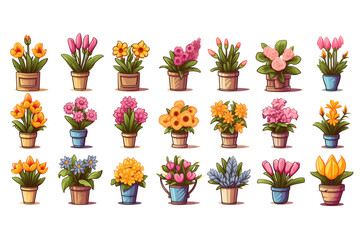 set icons of Flowerpots house various types of colorful flowers, plants, and houseplants like shrubs, groundcovers, and flowering plants