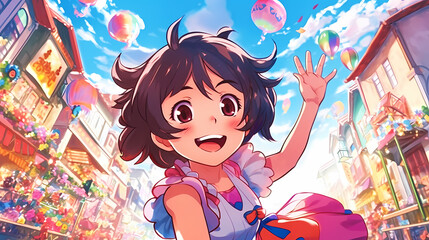 Low angle selfie portrait, captures with a wide angle shows a cute girl with a joyful smile and happily waving in a anime/manga-inspired style artwork with vibrant colors, created with generative A.I.