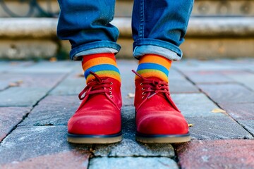 Cropped view men's feet in red shoes and colorful socks