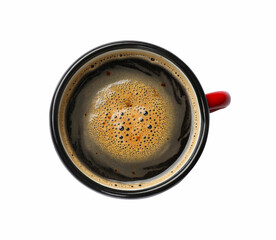 Aromatic coffee in cup isolated on white, top view