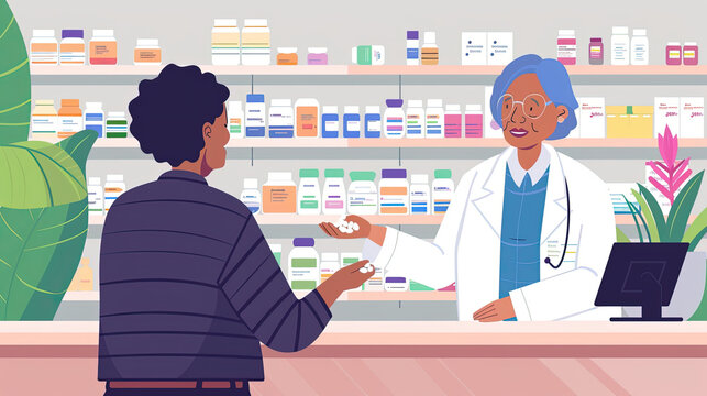 A woman is engaged in a conversation with a man at a pharmacy counter, discussing medications or health concerns