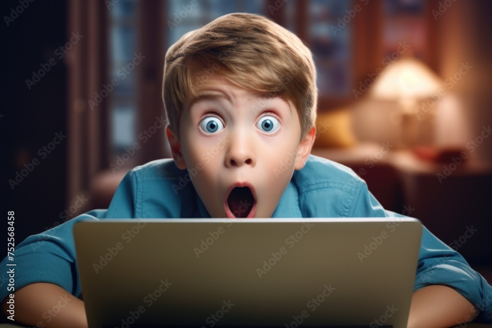 Poster young boy with a surprised expression looking at a laptop screen. suitable for technology and educat