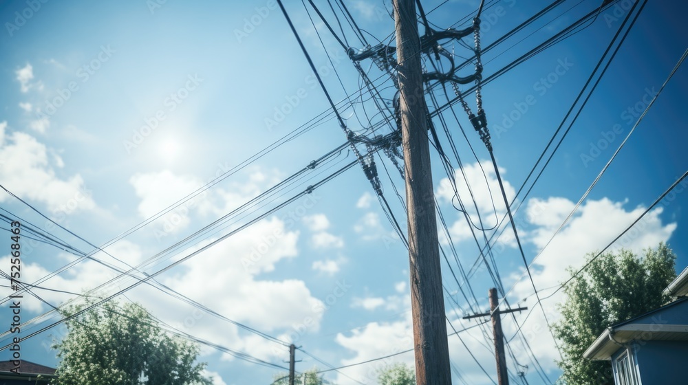 Poster telephone pole with power lines in a residential neighborhood. suitable for utility or infrastructur