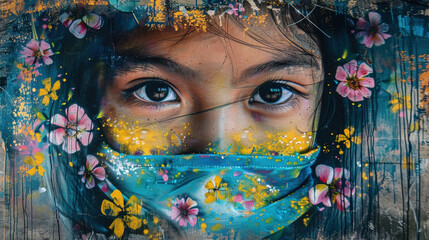 A painting depicting a child wearing a protective face mask