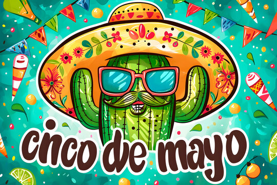 Cinco de Mayo design. Logo of a cartoon cactus wearing a mexican sombrero, with a fake moustache and sunglasses, festive cinco de mayo scene with maracas and papel picado around it. Generative AI
