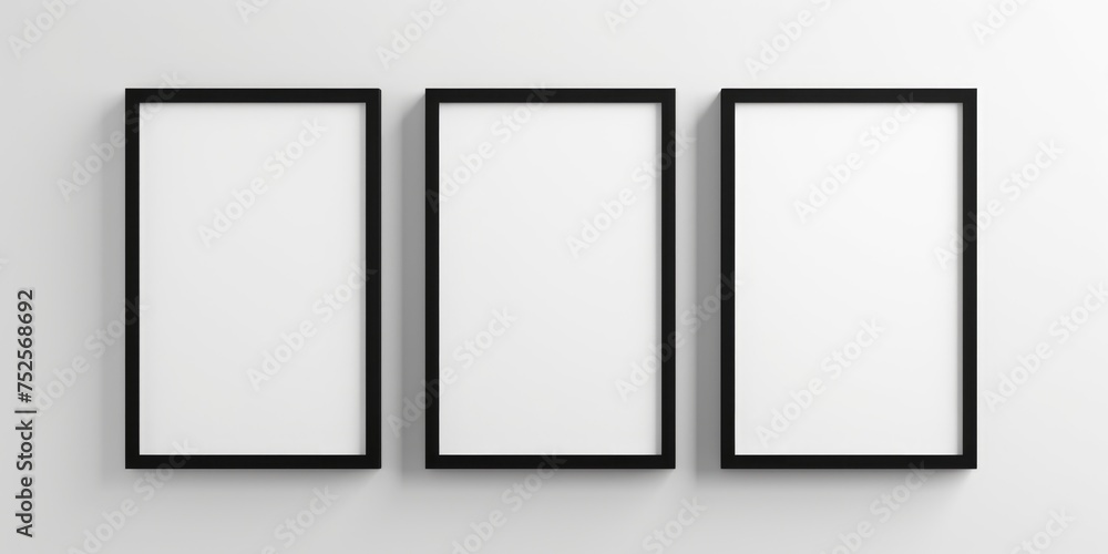 Poster three empty frames hanging on a wall, suitable for interior design projects