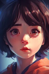 Digital portrait of a a shy and vulnerable young girl with dark hair, skillfully rendered in an anime/manga-inspired style. The artwork captures emotion and innocence, created with generative A.I.
